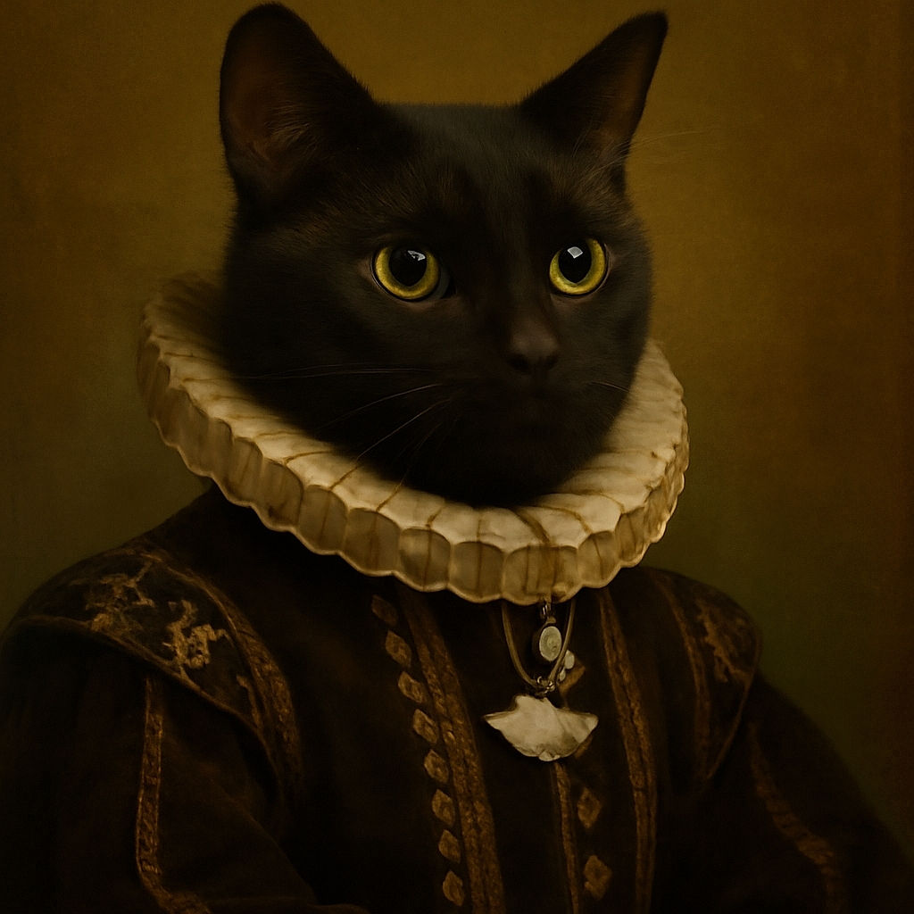 A sleek black cat with bright yellow eyes lounges comfortably on a textured blanket. The cat wears a cute fish-shaped tag on its collar, and the cozy indoor setting is softly lit with warm fairy lights in the background, creating a calm and inviting atmosphere.