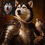 A majestic husky stares intensely into the camera with piercing blue eyes, framed perfectly against a dark background that highlights the dog's thick fur and striking facial markings.