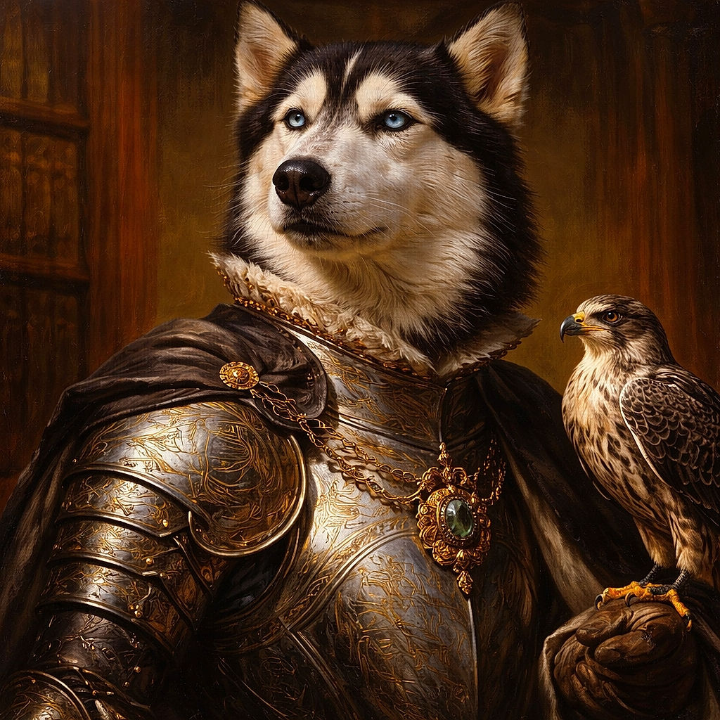 A majestic husky stares intensely into the camera with piercing blue eyes, framed perfectly against a dark background that highlights the dog's thick fur and striking facial markings.