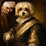 A close-up shot of a fluffy white dog with a soft focus and warm lighting, creating a cozy and gentle atmosphere. The dog's face is partially obscured by its fur, giving it a mysterious and endearing look.