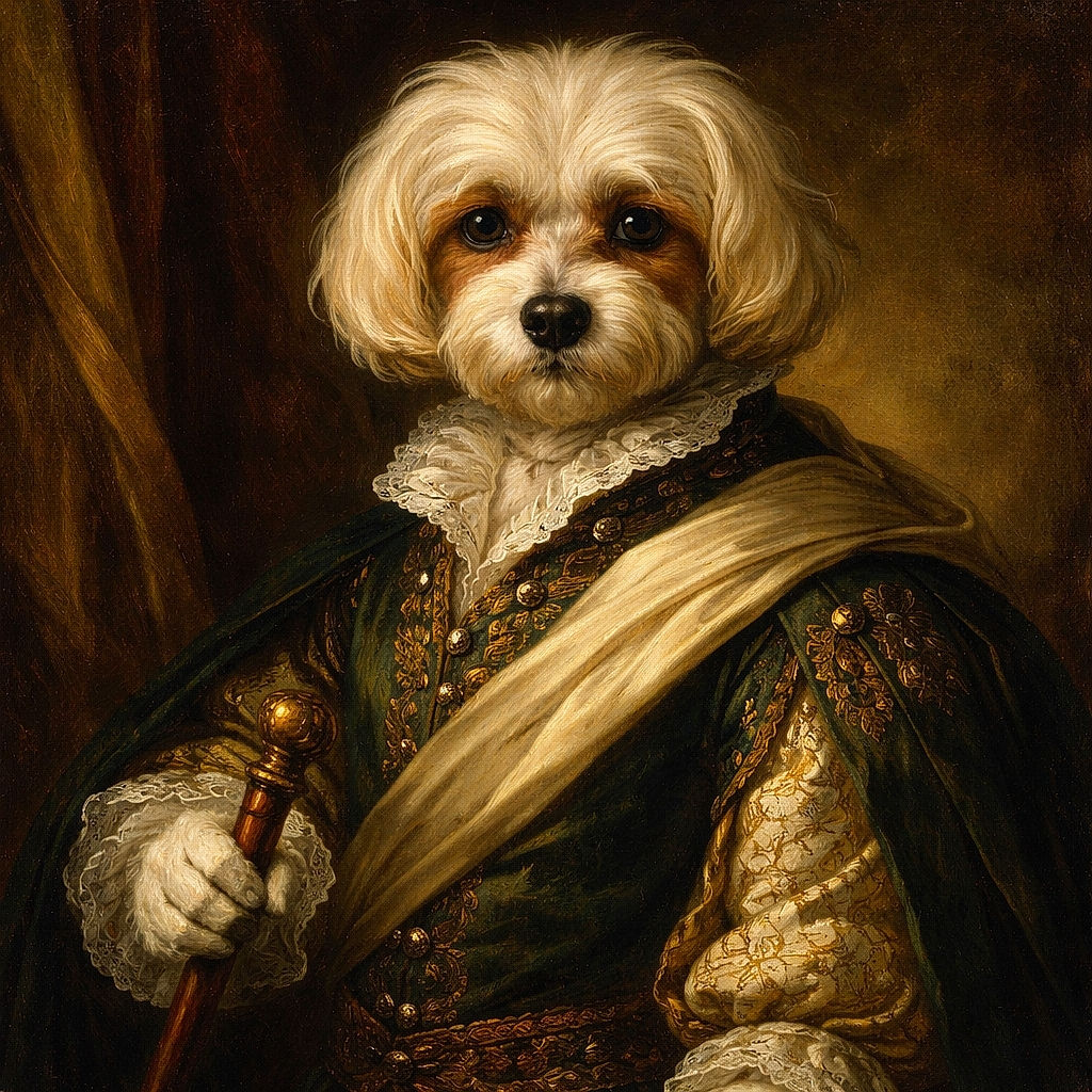 A close-up shot of a fluffy white dog with a soft focus and warm lighting, creating a cozy and gentle atmosphere. The dog's face is partially obscured by its fur, giving it a mysterious and endearing look.