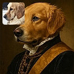 A close-up profile of a golden retriever with soft, fluffy fur and soulful eyes, gazing thoughtfully into the distance in a cozy indoor setting.