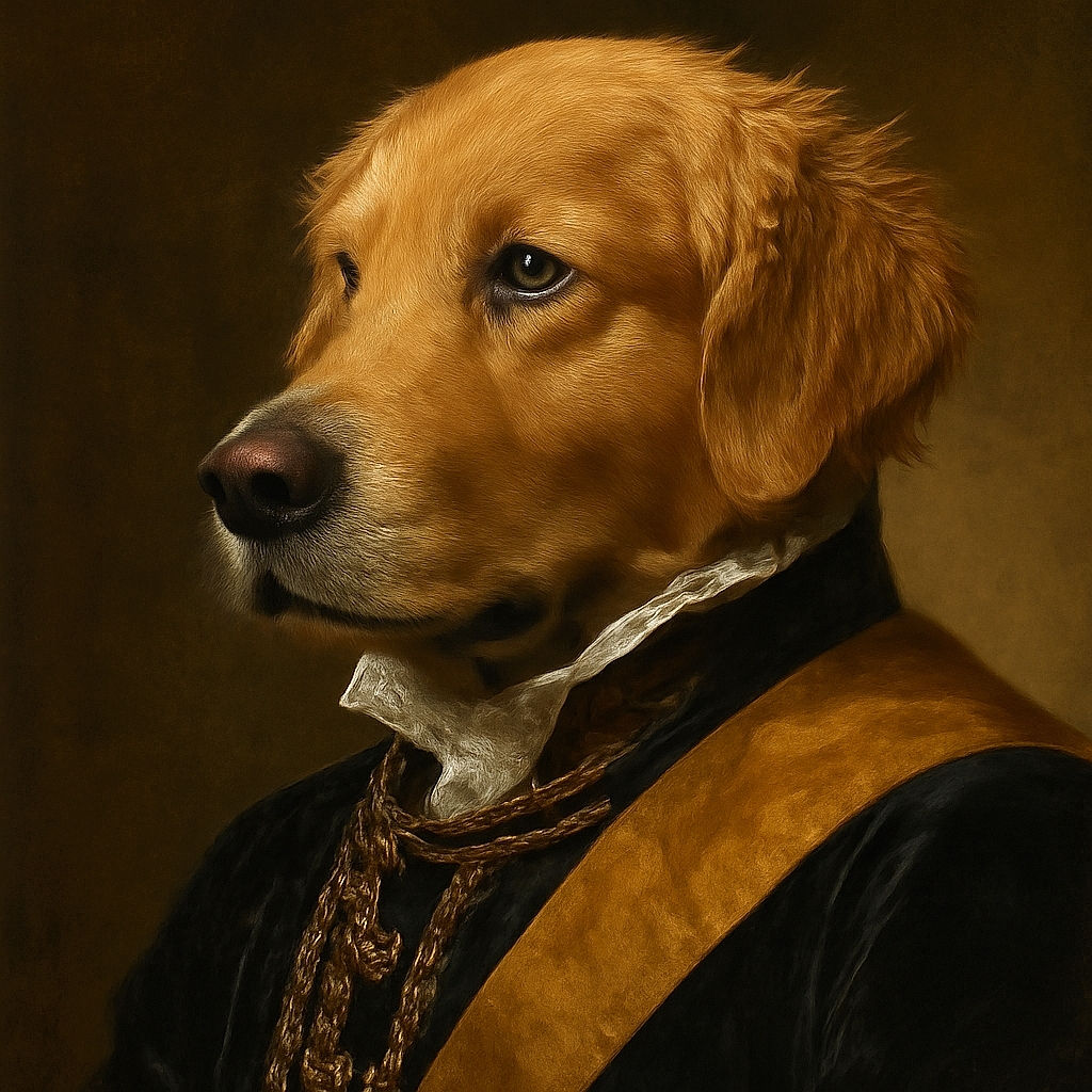 A close-up profile of a golden retriever with soft, fluffy fur and soulful eyes, gazing thoughtfully into the distance in a cozy indoor setting.