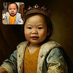 A close-up photo of an adorable toddler with a curious expression, wearing a bright yellow knitted vest and a light blue jacket, standing indoors on a tiled floor with kitchen furniture in the background. The image is slightly blurry, giving it a candid, spontaneous feel.