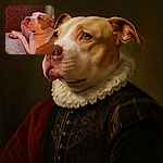 A cozy close-up of a thoughtful dog lounging on a soft beige cushion, gazing off with soulful eyes against a richly textured wooden background. The warm lighting highlights the dog's gentle expression and smooth fur, capturing a quiet, contemplative moment.