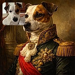 A close-up photo of a curious dog with a distinctive brown patch over one eye, lounging comfortably on a bed with a window in the background, giving off a cozy and relaxed vibe.
