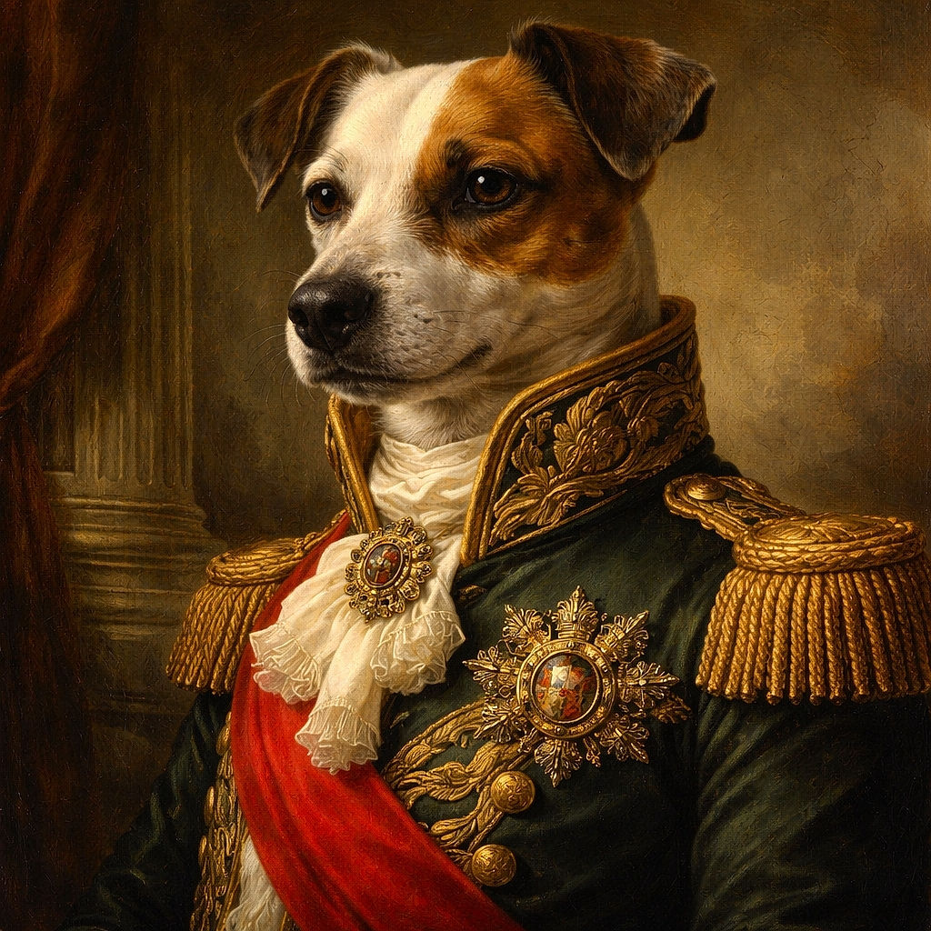A close-up photo of a curious dog with a distinctive brown patch over one eye, lounging comfortably on a bed with a window in the background, giving off a cozy and relaxed vibe.