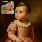 A wide-eyed baby gazes upward with a curious expression, dressed in a cozy pink knitted sweater with ruffles, nestled comfortably in a cushioned seat with soft lighting highlighting their delicate features.