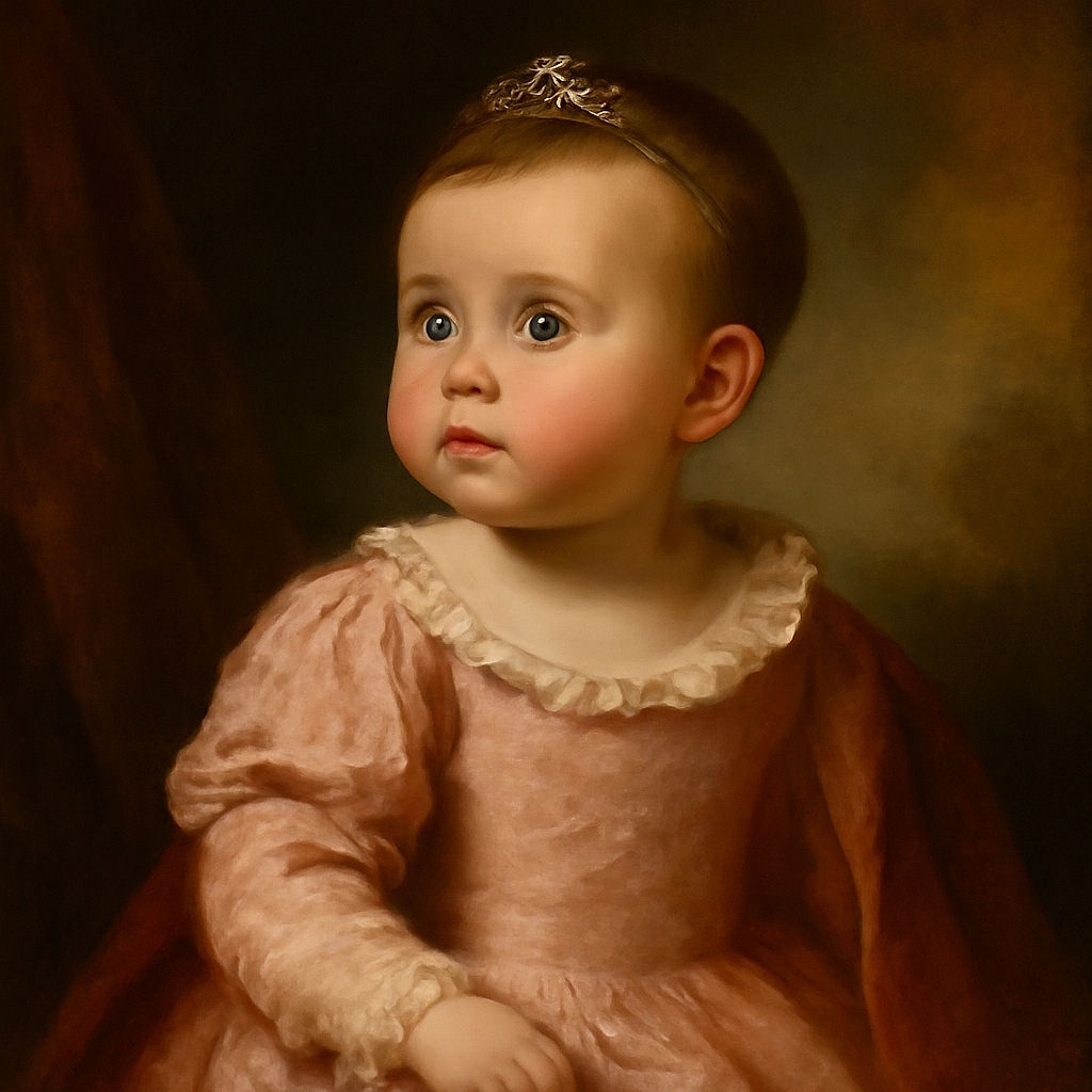 A wide-eyed baby gazes upward with a curious expression, dressed in a cozy pink knitted sweater with ruffles, nestled comfortably in a cushioned seat with soft lighting highlighting their delicate features.