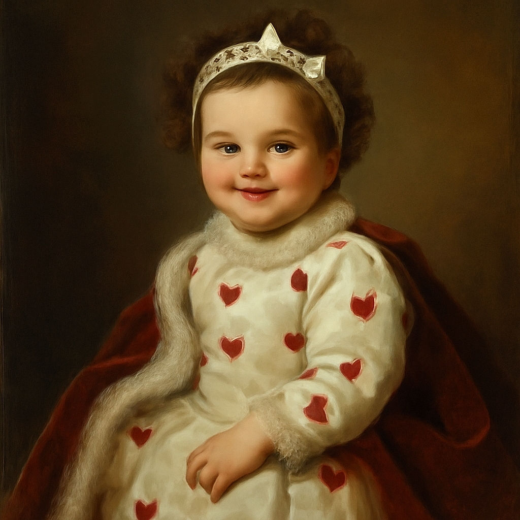 A cheerful toddler with curly hair and a heart-patterned outfit is being held up outdoors on a sunny day, smiling joyfully with cars and greenery in the background.