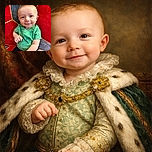 A smiling baby in a green dinosaur-patterned shirt lounges comfortably on a colorful, plush red and navy blue cushion, radiating pure joy and innocence.