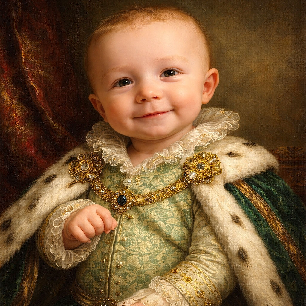A smiling baby in a green dinosaur-patterned shirt lounges comfortably on a colorful, plush red and navy blue cushion, radiating pure joy and innocence.