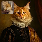 A majestic fluffy orange Maine Coon cat perched regally on a rustic cat tree, gazing intently with wise golden eyes, surrounded by cozy indoor textures and a hint of patterned wallpaper in the background.
