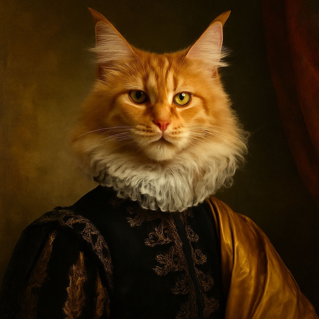 A majestic fluffy orange Maine Coon cat perched regally on a rustic cat tree, gazing intently with wise golden eyes, surrounded by cozy indoor textures and a hint of patterned wallpaper in the background.