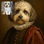 A fluffy, happy dog with a mix of white and gray fur is sitting on a wooden floor with its tongue out, looking like it's ready for a playdate or a treat. The cozy indoor setting adds warmth to the adorable pet portrait.