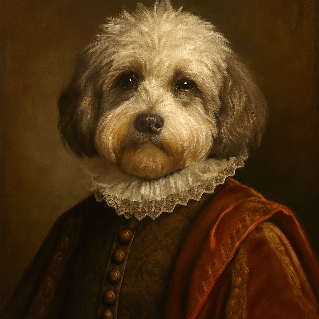 A fluffy, happy dog with a mix of white and gray fur is sitting on a wooden floor with its tongue out, looking like it's ready for a playdate or a treat. The cozy indoor setting adds warmth to the adorable pet portrait.