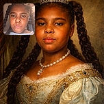 A close-up selfie of a young child with braided hair, looking directly at the camera with a neutral expression. The lighting is warm and the background shows an indoor setting with a ceiling and some objects blurred out.