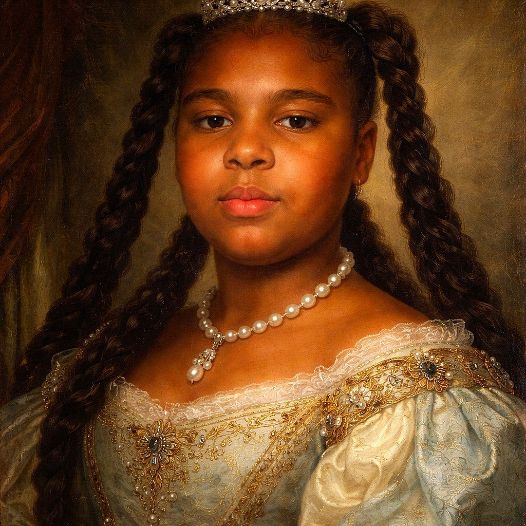 A close-up selfie of a young child with braided hair, looking directly at the camera with a neutral expression. The lighting is warm and the background shows an indoor setting with a ceiling and some objects blurred out.