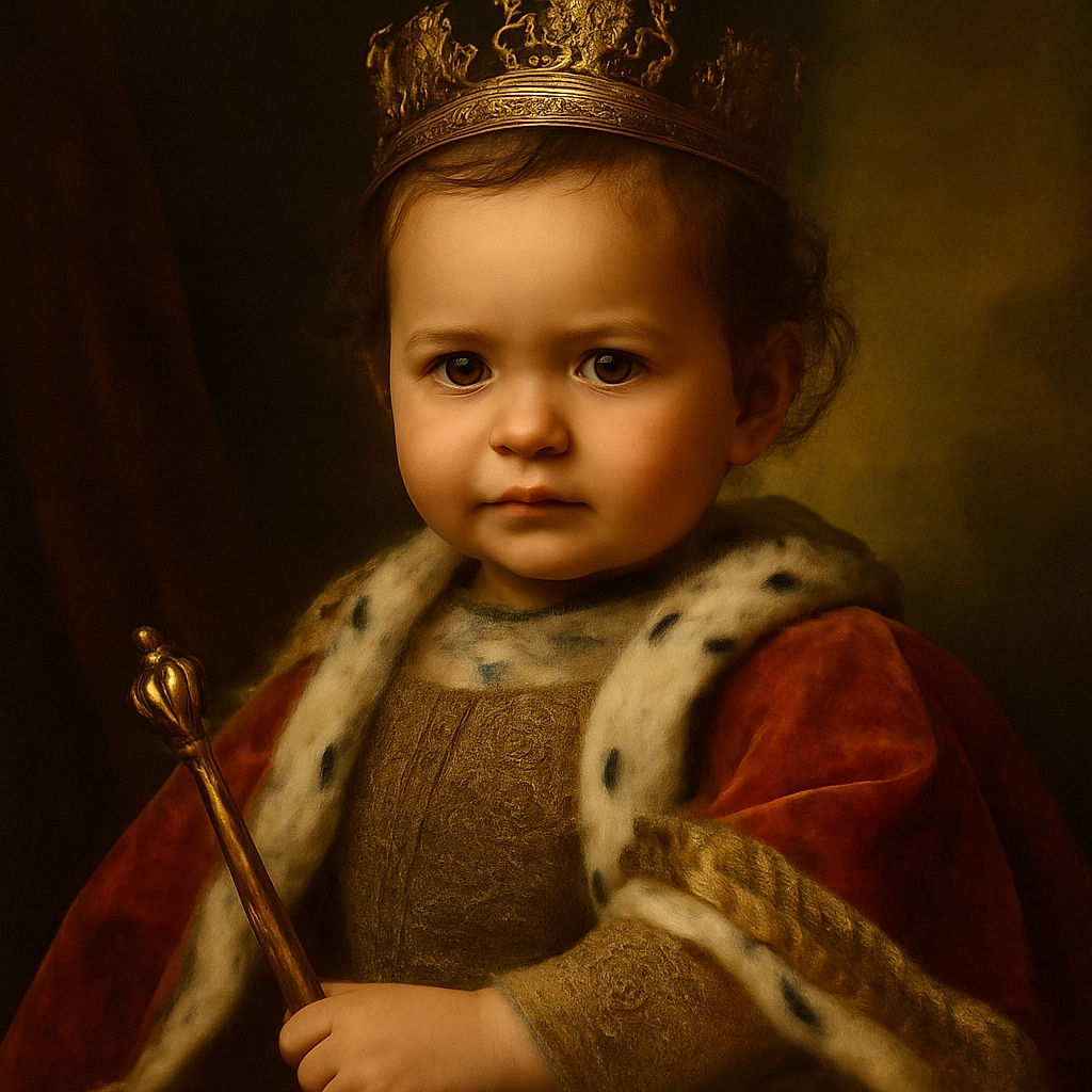 A determined toddler with wet curly hair and a few crumbs on the face is making a fierce expression while leaning on a surface, with an attentive adult watching nearby in an outdoor setting.