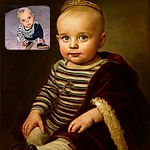 A curious toddler with bright blue eyes sits on a soft pink rug, looking up with an innocent expression while wearing a striped shirt and shiny black shoes. Behind, a stroller and a crib hint at a cozy nursery setting. A red heart emoji overlays the bottom part of the image, adding a touch of love.