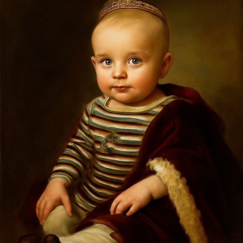 A curious toddler with bright blue eyes sits on a soft pink rug, looking up with an innocent expression while wearing a striped shirt and shiny black shoes. Behind, a stroller and a crib hint at a cozy nursery setting. A red heart emoji overlays the bottom part of the image, adding a touch of love.