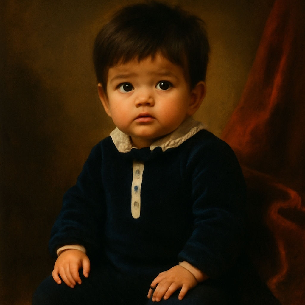 An adorable baby dressed in a navy blue velvety outfit with a white collar and bow tie sits on a magenta bedspread, looking curiously at the camera with big, round eyes. The background shows a cozy room with a makeup table, some hats hanging on the wall, and folded towels neatly placed behind the baby.