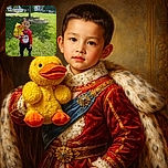 A young child in a festive red sweater featuring Santa Claus stands on a sunny grassy patch, clutching a large yellow duck plush toy with a curious expression, framed by leafy trees and suburban houses in the background.