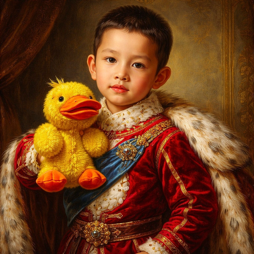 A young child in a festive red sweater featuring Santa Claus stands on a sunny grassy patch, clutching a large yellow duck plush toy with a curious expression, framed by leafy trees and suburban houses in the background.