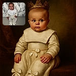 A wide-eyed baby dressed in a cozy white outfit with satin bows on the feet and a matching bib, sitting up against a patterned cushion that looks like delicate branches. The baby stares curiously at the camera with an expression that says, 'What's next?'