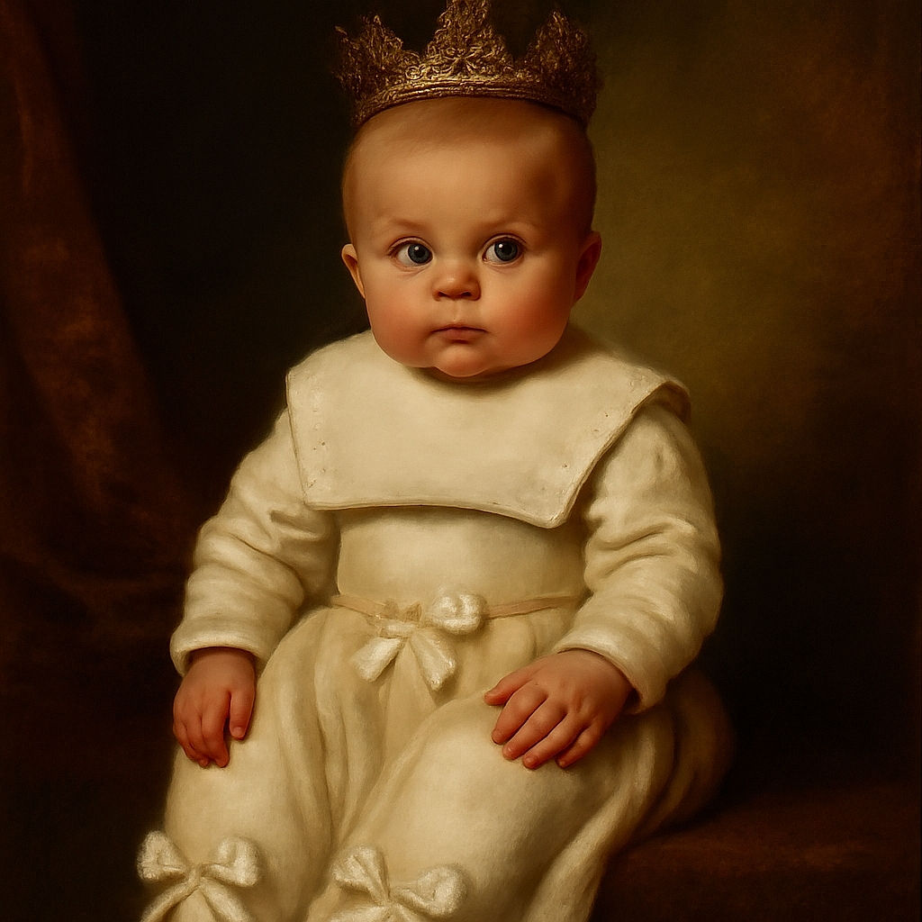 A wide-eyed baby dressed in a cozy white outfit with satin bows on the feet and a matching bib, sitting up against a patterned cushion that looks like delicate branches. The baby stares curiously at the camera with an expression that says, 'What's next?'