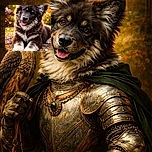 A fluffy, happy puppy with a big smile and bright eyes lounges on a bed of autumn leaves, surrounded by warm golden bokeh lights that make the scene look magical and cozy.