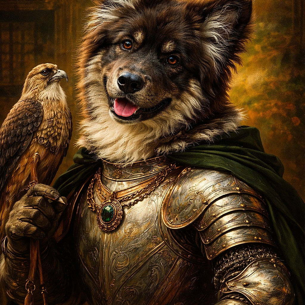 A fluffy, happy puppy with a big smile and bright eyes lounges on a bed of autumn leaves, surrounded by warm golden bokeh lights that make the scene look magical and cozy.