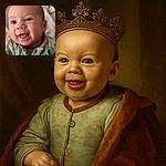 A close-up shot of a giggling baby with big sparkling eyes and an open mouth, wearing a colorful onesie and a small necklace, radiating pure joy and innocence with a soft, blurred background.