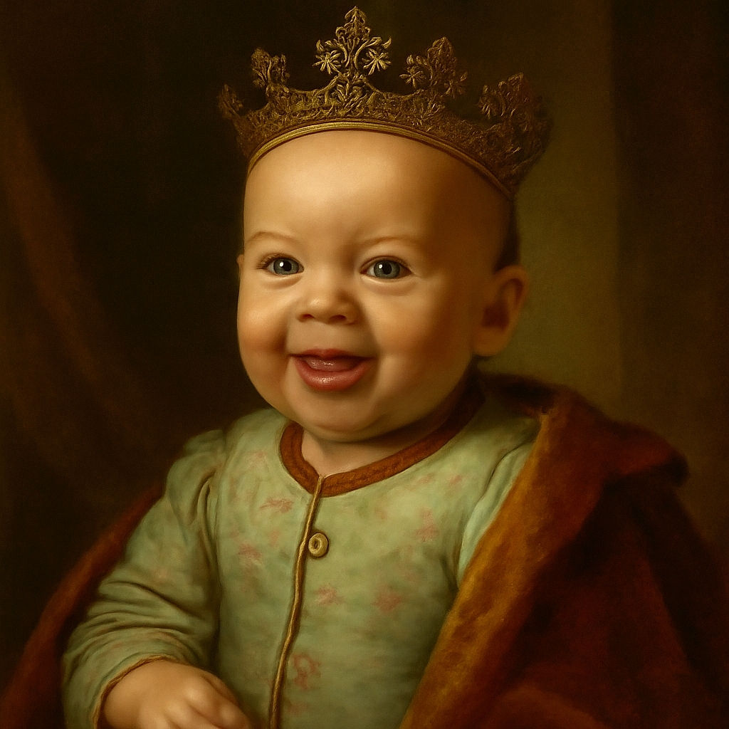 A close-up shot of a giggling baby with big sparkling eyes and an open mouth, wearing a colorful onesie and a small necklace, radiating pure joy and innocence with a soft, blurred background.