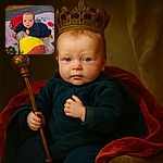 A curious baby lies on a colorful play mat with a large plush toy, looking directly at the camera with wide eyes and a slightly open mouth, surrounded by playful patterns and soft textures.