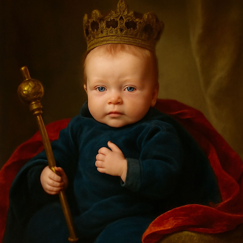 A curious baby lies on a colorful play mat with a large plush toy, looking directly at the camera with wide eyes and a slightly open mouth, surrounded by playful patterns and soft textures.