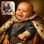 A cheerful baby with a big smile is comfortably seated in a cushioned baby chair, wearing a blue button-up shirt and beige shorts, ready to brighten anyone's day with pure cuteness.