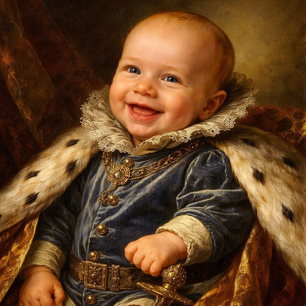 A cheerful baby with a big smile is comfortably seated in a cushioned baby chair, wearing a blue button-up shirt and beige shorts, ready to brighten anyone's day with pure cuteness.