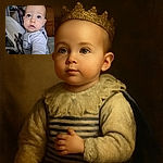 A curious baby with big, wide eyes gazes slightly upward, dressed in a cozy striped outfit, surrounded by a softly blurred background of a room with shelves and a wooden door.
