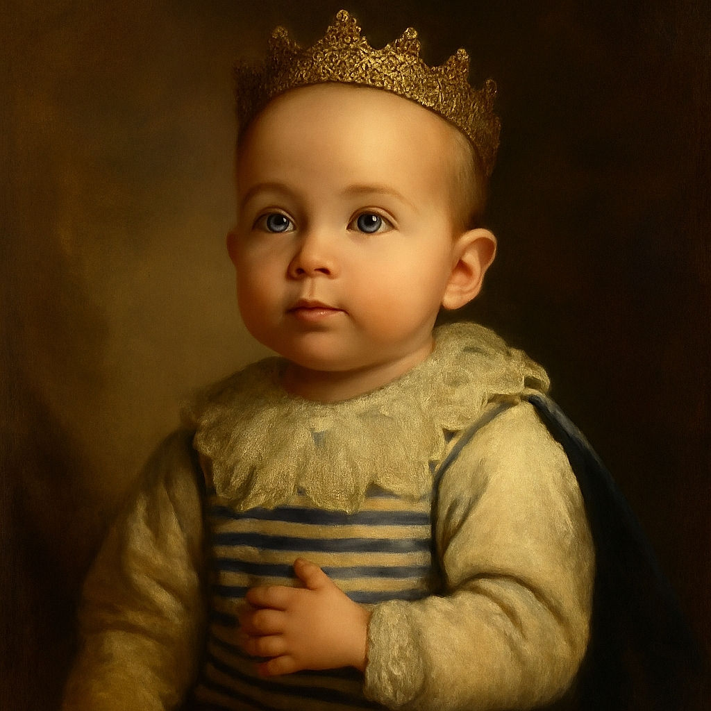 A curious baby with big, wide eyes gazes slightly upward, dressed in a cozy striped outfit, surrounded by a softly blurred background of a room with shelves and a wooden door.