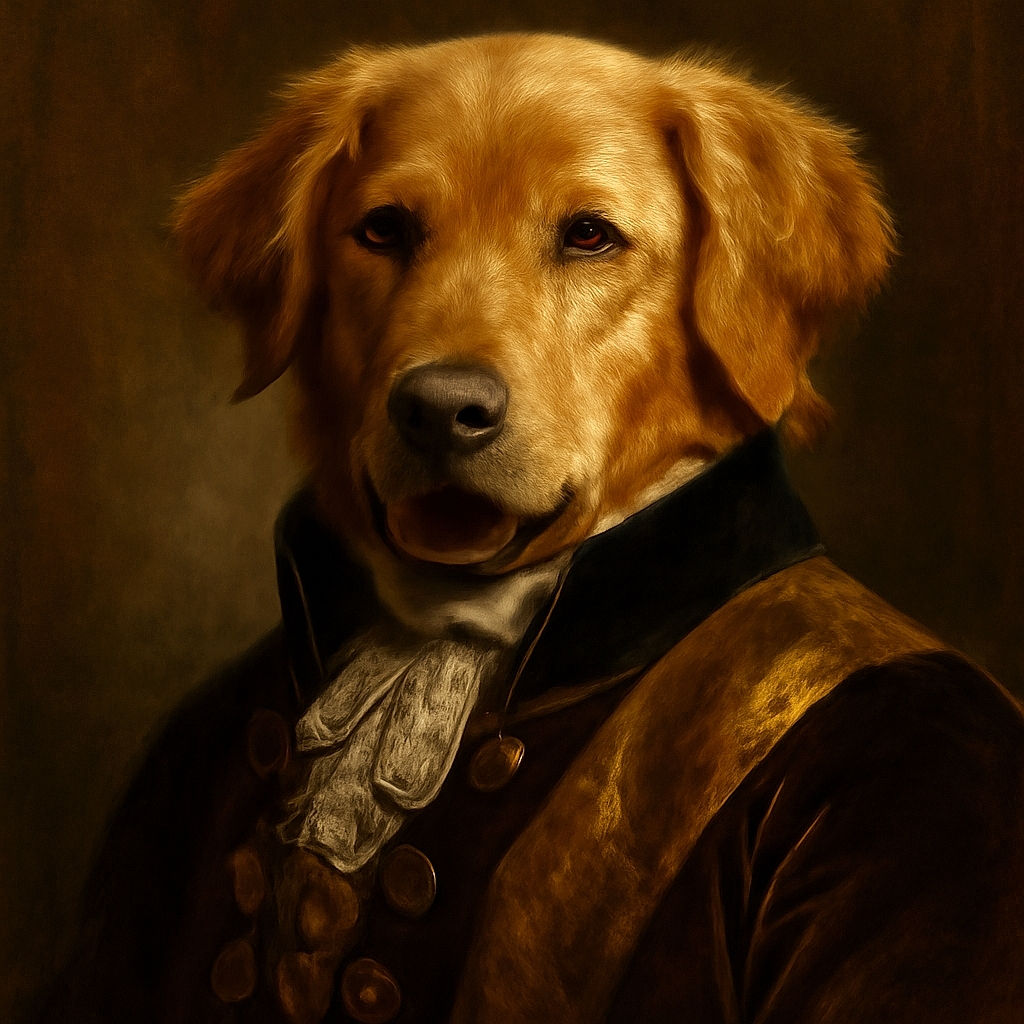 A fluffy golden retriever sits attentively outdoors on a patchy grassy area, looking directly at the camera with a happy expression and slightly open mouth, capturing the lovable essence of a friendly dog enjoying nature.