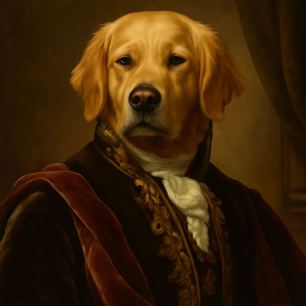 A golden retriever is lounging comfortably on a cobblestone patio in front of a white wall and an open door, soaking in the peaceful vibe of a sunny day.