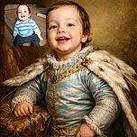A cheerful toddler with bright blue eyes and a striped blue and white shirt sits comfortably on a wooden floor, flashing a big toothy grin that lights up the cozy kitchen background.