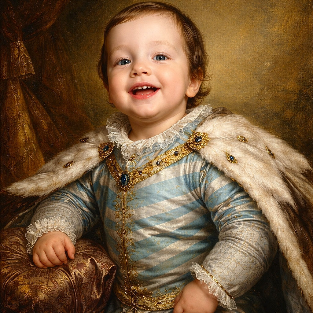 A cheerful toddler with bright blue eyes and a striped blue and white shirt sits comfortably on a wooden floor, flashing a big toothy grin that lights up the cozy kitchen background.