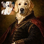 A dignified golden retriever lounges like it owns the couch — soulful brown eyes, perfectly coiffed fur, and a nose that demands attention. The background melts into a soft bokeh, making this pampered pooch the clear star of the living room runway.