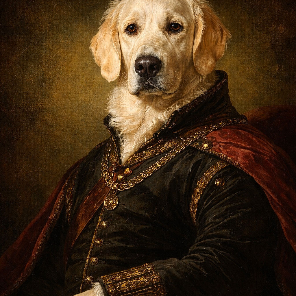 A dignified golden retriever lounges like it owns the couch — soulful brown eyes, perfectly coiffed fur, and a nose that demands attention. The background melts into a soft bokeh, making this pampered pooch the clear star of the living room runway.