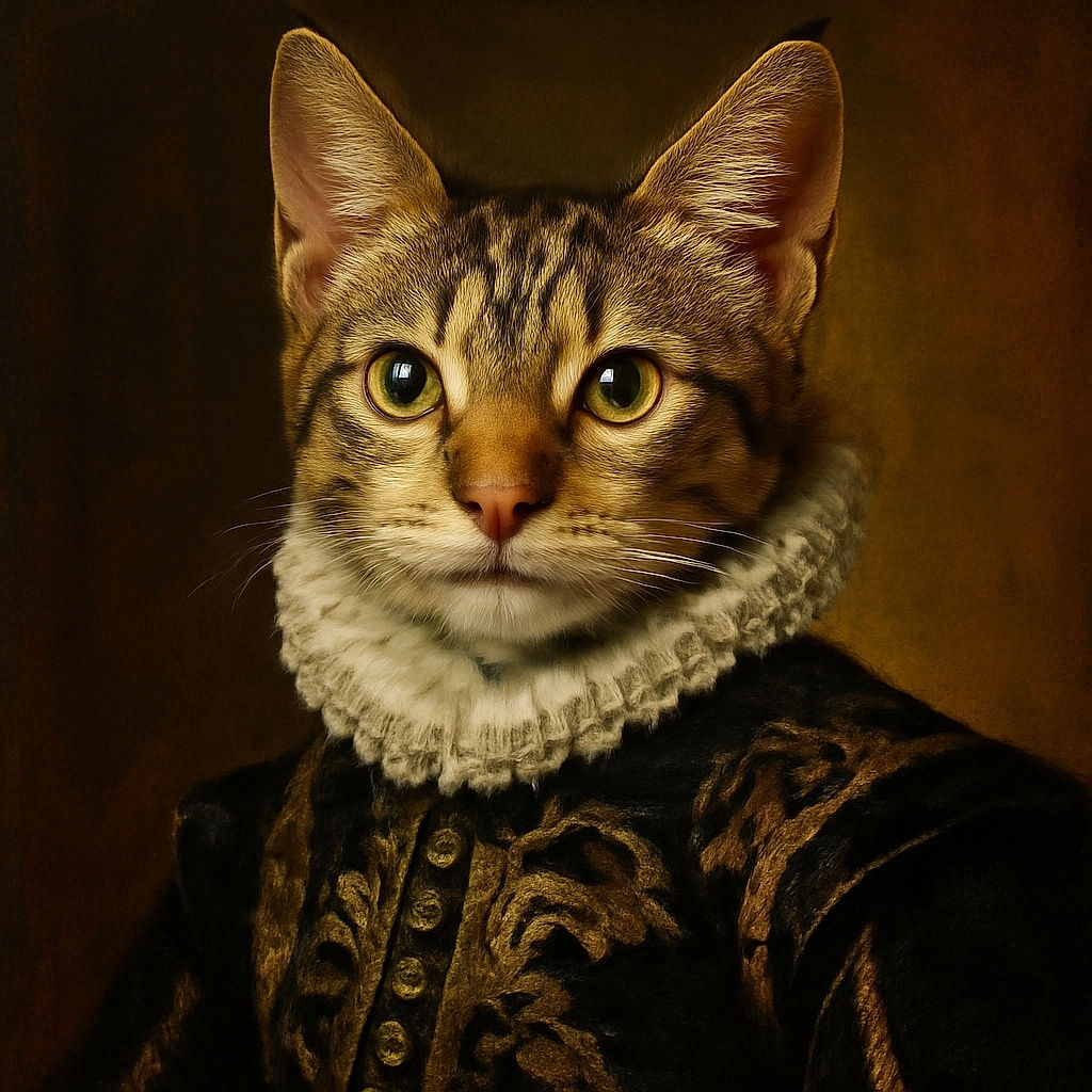 A close-up photo of an adorable tabby kitten with striking green eyes, sitting on a person's lap near a wooden table. The kitten's curious expression is captured with clear focus, though a small red mark is visible on its ear, adding a touch of character.