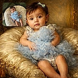 A cute baby dressed in a fluffy blue outfit lounges on a cozy baby pillow covered in cheerful words like 'baby', 'joy', and 'love', surrounded by soft green cushions and a textured carpet, looking curiously at the camera.