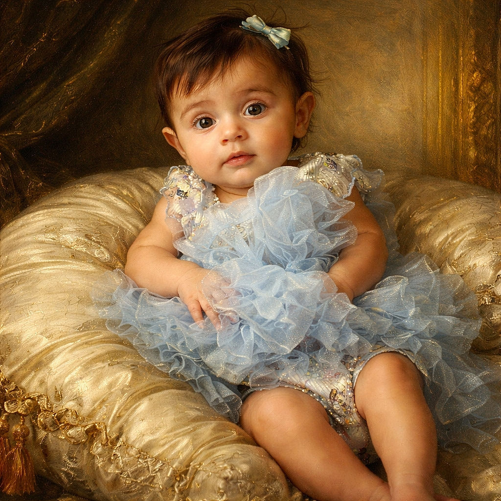 A cute baby dressed in a fluffy blue outfit lounges on a cozy baby pillow covered in cheerful words like 'baby', 'joy', and 'love', surrounded by soft green cushions and a textured carpet, looking curiously at the camera.