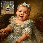 A giggling baby in a bucket swing steals the show — tiny socks kicking, a big blue bow on her head, and an enormous oak tree giving moral support from above. Wood chips, a picnic shelter and a white fence form the calm park backdrop while the little swinger flashes a grin like she owns the playground.